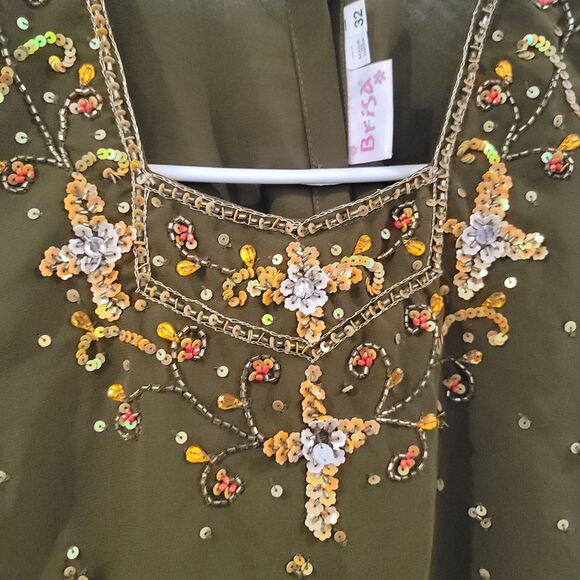Brisa Womens Top Size Xs Green Beaded Sequin‎ Fairy Ren Faire India - Picture 3 of 6